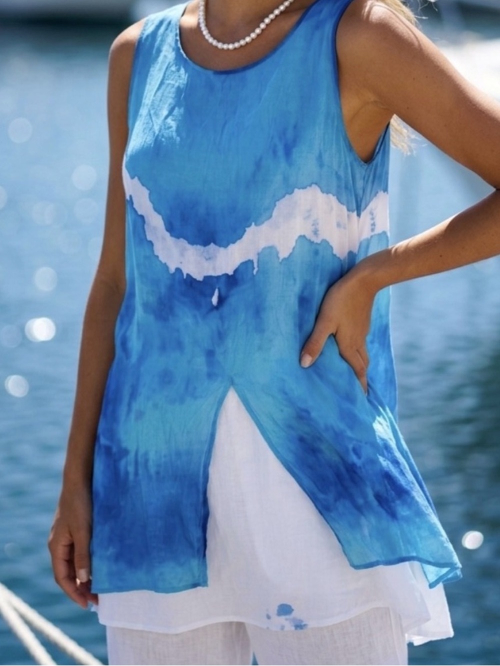 `Asymmetrical Blue and White Ruffled Tank Top